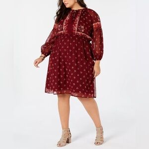 Lucky Brand Wine Floral Midi Babydoll Dress